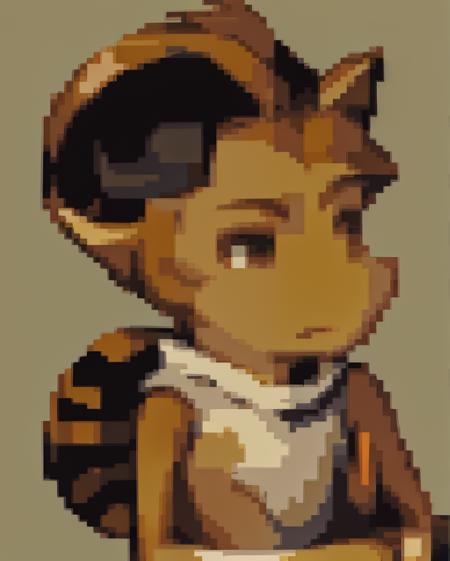 <lora:Final Fantasy Tactics Portraits V1:0.95> final_fantasy_tactics_portrait, pale orange background, no_nose, portrait,  <lora:rigby-v1B:1> rigby, animal nose, animal ears, tail, anthro, solo, snout, black eyes, male, furry male, raccoon boy, furry, feet, barefoot, 1boy