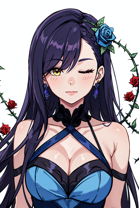 1girl, bare shoulders, blue flower, blue rose, earrings, flower, hair flower, hair ornament, hair over one eye, jewelry, long hair, looking at viewer, one eye closed, plant, purple flower, purple rose, red flower, red rose, rose, simple background, solo, thorns, upper body, vines, white background, yellow flower, yellow rose