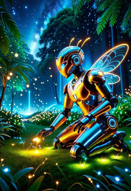 lazypos, A futuristic robot with glowing blue LED lights leans down curiously, examining a tiny firefly in its palm. The scene takes place in a serene night park with lush greenery, soft firefly lights floating in the air, and a starry sky. The robot has a sleek metallic body with illuminated panel lines, expressive glowing eyes, and a slightly tilted head to show wonder. The firefly emits a warm golden glow, contrasting with the robot's cool blue lights. The atmosphere is magical and peaceful, with a hint of cybernetic wonder. Ultra-detailed, cinematic lighting, photorealistic style.