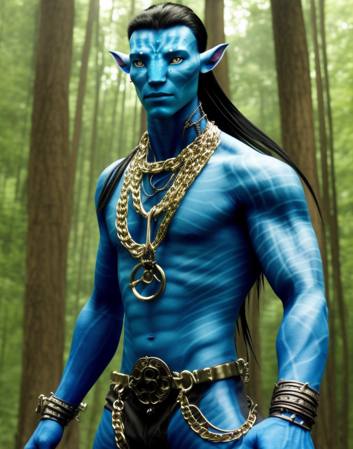 blue skin avatar man, from avatar movie, drip, swag, muscular, gold chains, rings, boss, smirking, sunglasses, standing in...