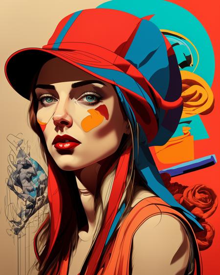 a woman with a red hat and a blue background , Eleanor Best, tristan eaton, a pop art painting, Drew Tucker, digital illustration, digital art, digital art