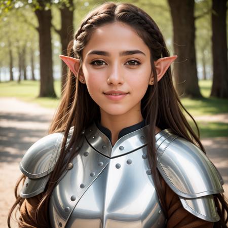 RAW photo, absurdres, high quality, photorealistic, portrait of a young knight elf woman, beard, looking at viewer, smile, brown_skin, detailed_skin, (freckles:0.5), photo realism, ultra-detailed, 50mm, f1. 4, 8k uhd, film grain