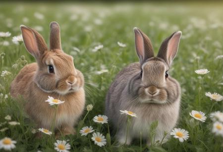 Lovely bunnies in flower meadow in the summer, highly-detailed, dreamy