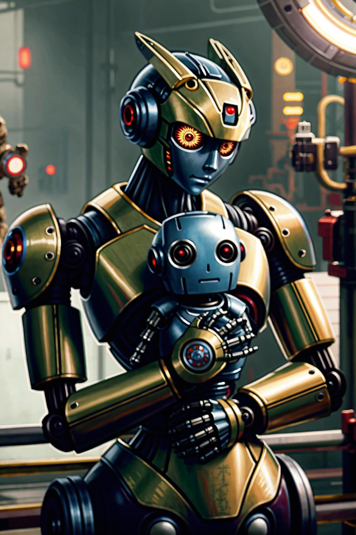 A robot holding a robotic baby in a factory setting.