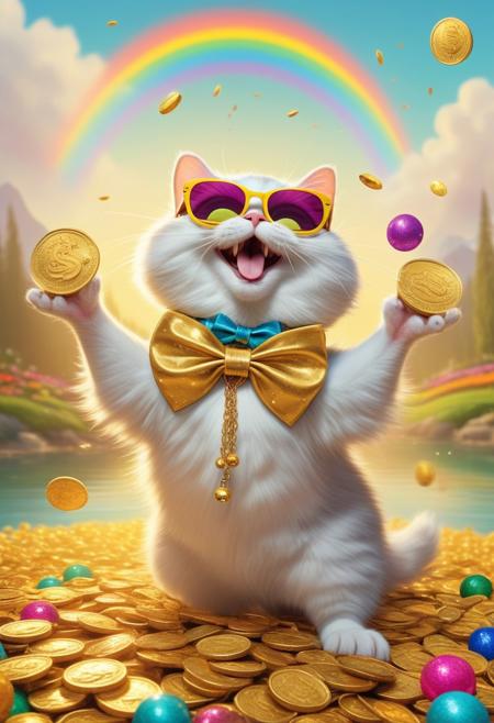 cartoon-style scene of a fabulously wealthy Persian cat, vibrant field filled with fluttering dollar bills, wearing a lavish bling-bling gold chain, sunglasses, looking relaxed. Oversized coins, colorful flowers swaying in the breeze. Bright, sunny, with a rainbow arching overhead, adding to the whimsical and extravagant atmosphere of this rich duck's dreamland, lake of golden coins, falls of gold coins instead of water,
A funny cat with a playful personality, standing on its hind legs wearing oversized glasses and a tiny bowtie. The cat is juggling colorful balls, with a mischievous grin on its face. In the background, there's a whimsical scene with vibrant colors, including a cartoonish mouse watching in amazement, and other cats laughing and clapping. The overall atmosphere is lively and humorous, capturing the cat's comical antics perfectly.
