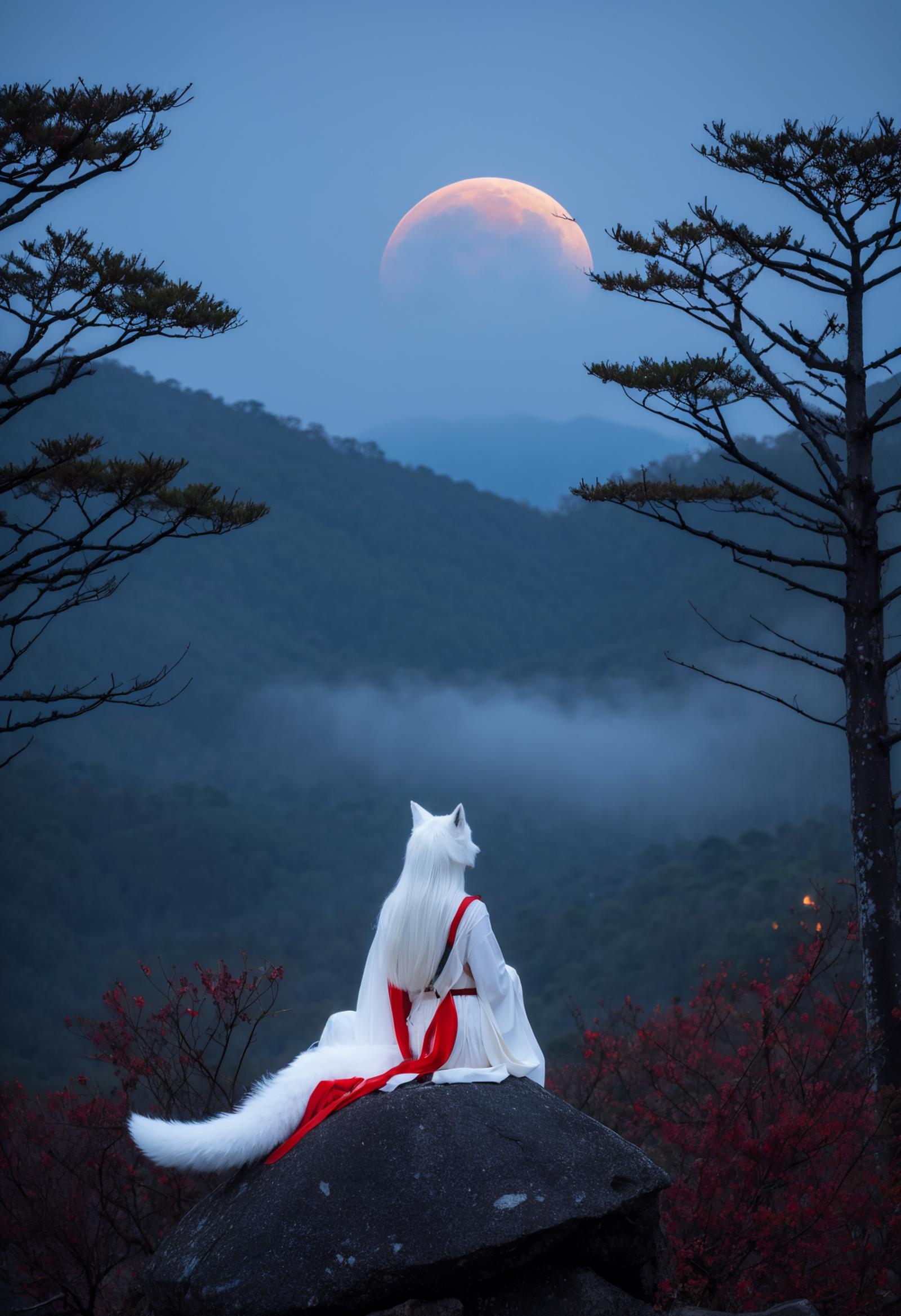 A woman in a kimono sits in front of a moonlit mountain.