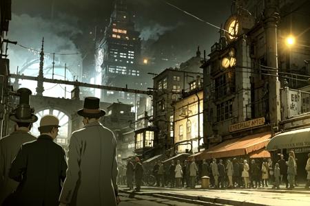 ((Best quality)), ((masterpiece)),(2d:1),(floating colorful water:1),(steampunk:1.2),night, scenery, city, arch, cloud,  smoke,weapon,rain,street,