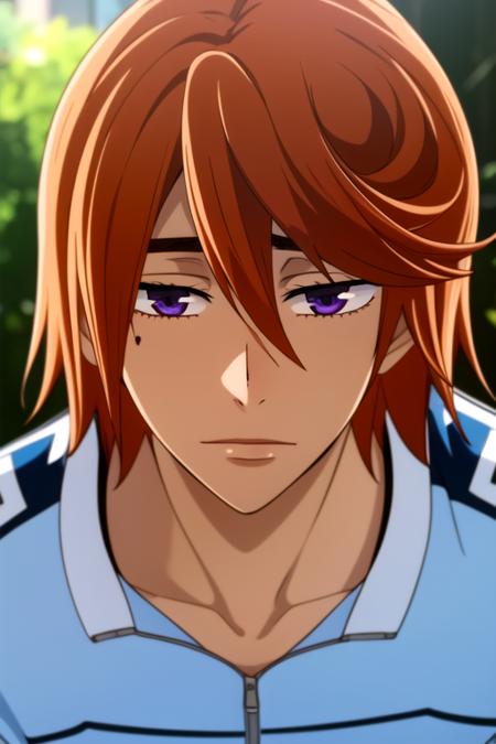 takuto_ashikiba, orange hair, purple eyes, hair between eyes