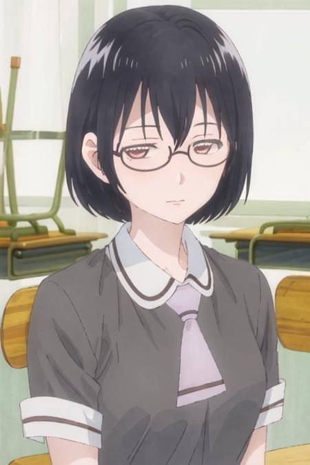 best quality, masterpiece, highres, solo, {kasumi_nomura_asobiasobase:1.15}, black_hair, glasses, short_hair, necktie, brown_eyes, 1girl, semi-rimless_eyewear, under-rim_eyewear, portrait, bob_cut, collarbone, looking_at_viewer, indoors