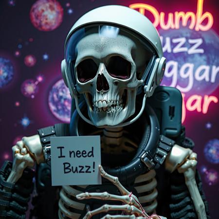 masterpiece, intricate photo realistic photo, realistic outer space skull astronaut in astronaut suite with helmet and transparent visor holding in the skeleton hand a small white sign on which is written "I need Buzz!", background outer space, stars, galaxies, nebulae, in the sky is written in neon letters "Dumb Buzz Beggar", as realistic as possible, hyper realistic, highly detailed, sharp focus, dusk and dawn of technology, dark art, gothic art, cyberpunk style, best quality, high resolution, colorful, vibrant colors, studio lighting, high quality image, no wrong proportions, 8K