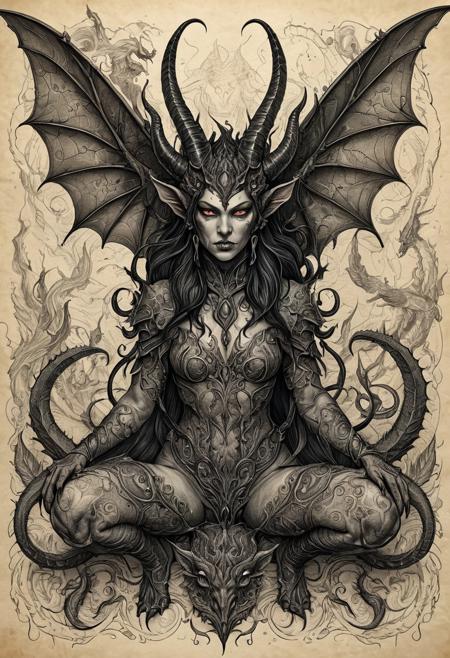 Finely detailed vector illustration, biological study, succubus, female sex demon, ultra realistic quality, an explorer's pencil drawing, parchment background, hyperdetailed, intricately detailed, muted colors,fantastical,intricate detail,splash screen, fantasy concept art, 8k resolution, masterpiece, ink on old paper, calligraphy,