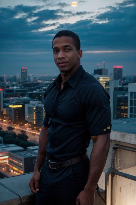 (solo), RAW Photo, photo of (light-skinned:1) African American man sc_chad3 <lora:sc_chad3-06:0.75> on a rooftop overlooking a bustling cityscape at twilight wearing contemporary clothes, (wearing shirt), glow of the setting sun, vibrant ambiance, athleticism, confidence, urban aesthetic, rhythm, skyscrapers, neon lights, music, (jet magazine), (photo by Gordon Parks)