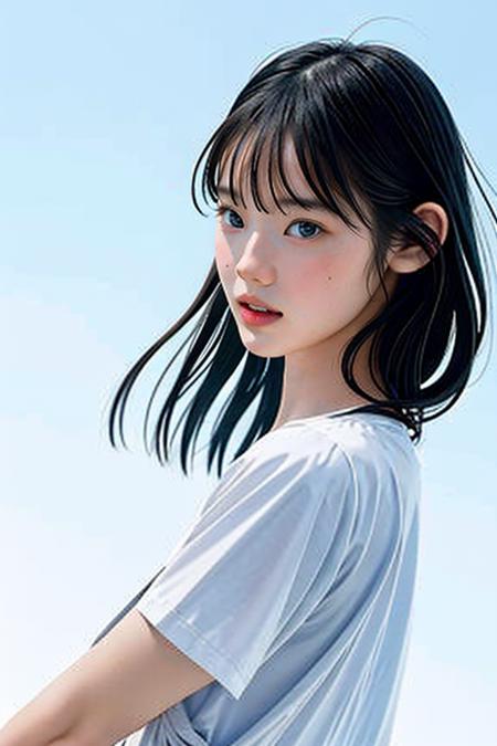 (best quality,masterpiece:1.2),high detail,photo realistic,(((1girl))),kohaku,18 years old girl,<lora:kohaku_v01-000006:1>,(((upper body))),((from below)),((bangs)),black hair,bright skin,long hair,(((flat chest))),((face focus)),(perfect face:1.3),bright lighting,beautiful detailed eyes,(beautiful detailed nose),(extremely detailed face:1.2),perfect lighting,((standing)),((simple background)),(blue background),front -face,from above,(good face),spread legs,((wind lift)),wind from front,looking at viewer,shirtdress,((bangs)),from side,blue sky,glint,