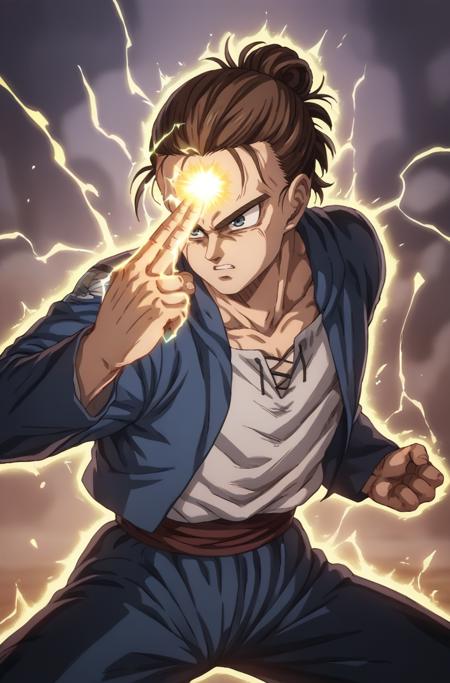 makankosappo charge, finger on forehead, energy on finger electricity, aura, fighting stance