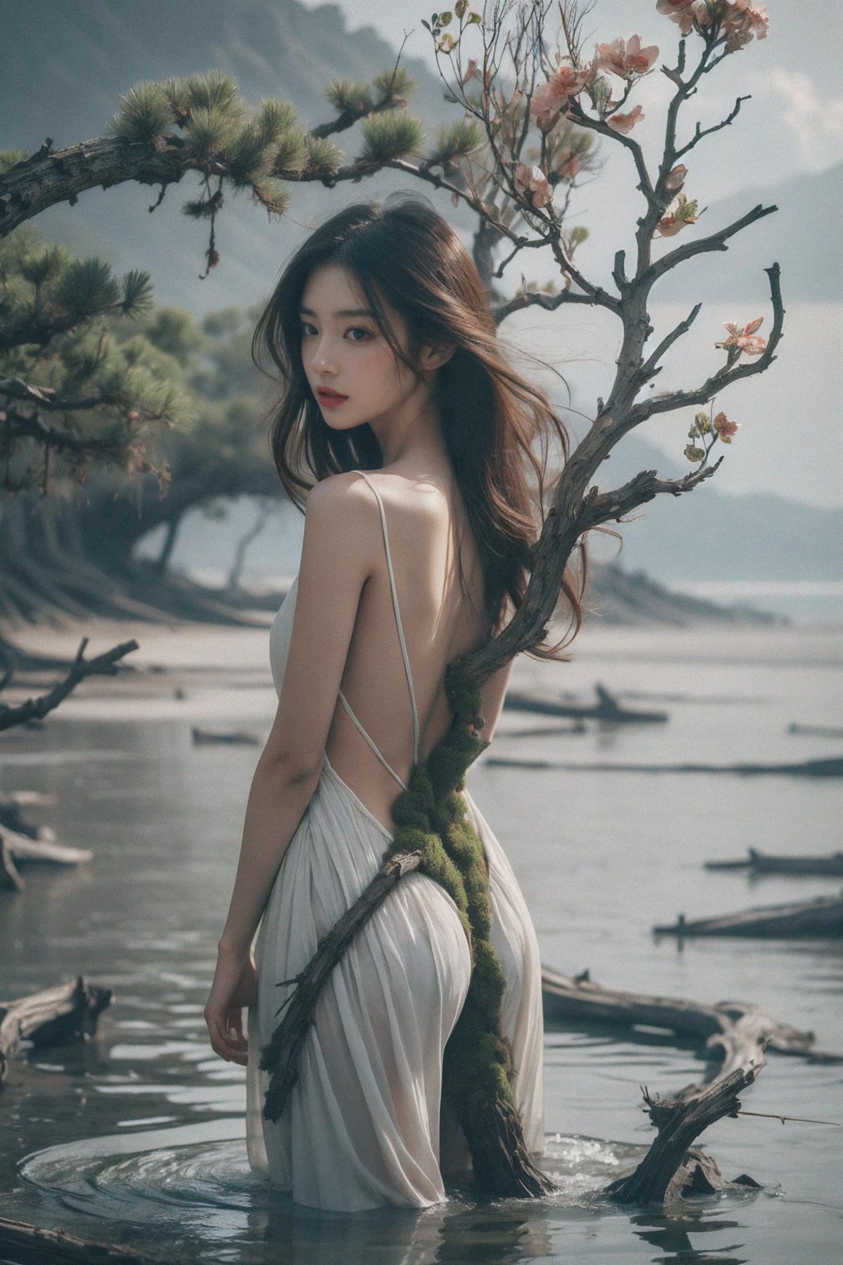 A woman in a white dress with a tree branch on her back, standing by the water.