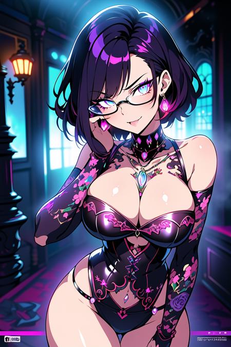 <lora:GlowShine:0.75> A photo of a sexy, nerdy, woman, (looking at the viewer:1.4), (short dark hair:1.3), (slender), flirting with the camera, square glasses, choker, makeup, (ornate goth jewelry:1.2), smiling, (dyed hair, red hair color:1), (large (abandoned) gothic haunted manor house:1.3), (fog indoors:1.4), lamplight, ((sexy poses:1.3)), ((wide hips, groin)), ((huge pelvic)), masterpiece, best quality, realistic, ultra highres, depth of field, (full dual color neon lighting:1.2), (hard dual color lighting:1.4), (detailed face:1.2), (detailed eyes:1.2), (detailed background), (masterpiece:1.2), (ultra detailed), (best quality), intricate, comprehensive cinematic, magical photography, (gradients), colorful, detailed landscape, visual key, shiny skin,