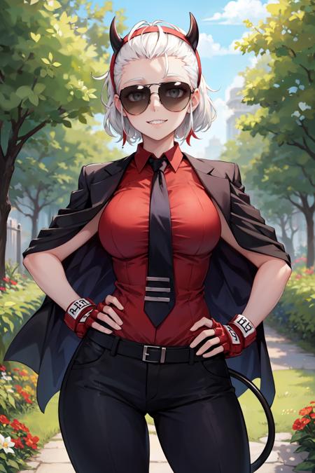 (masterpiece, best quality, glowing light, ultra detailed, detailed background, complex background), (perfect face, detailed face), (mature female, milf:1.3), white eyes, grey eyes, happy, smile
 <lora:justice:1>, justice, horns, demon girl, demon horns, black horns, gloves, shirt, short hair, red gloves, red shirt, sunglasses, fingerless gloves, demon tail, tail, jacket, black jacket, necktie, black necktie, pants, sunglasses, blunt bangs, hairband, hair slicked back, 
(outdoors, garden, thighs, pants, demon tail, hands on hips, )