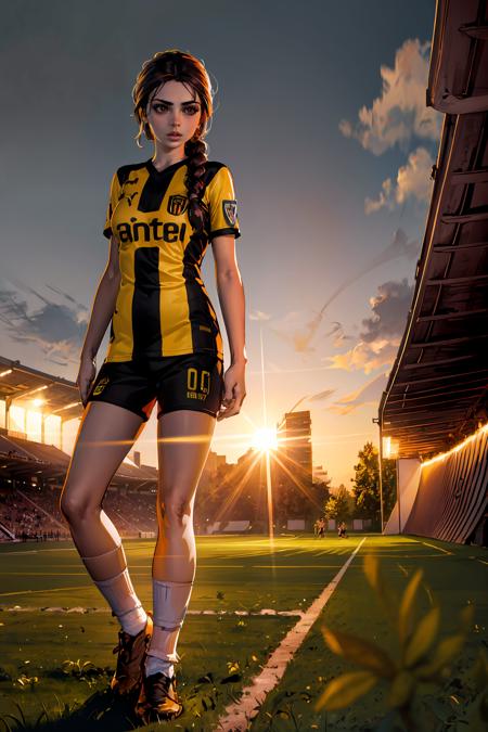 (extremely detailed CG unity 8k wallpaper), (best quality), (ultra-detailed), (best illustration), 1girl, detailed soccer stadium, outdoors, beautiful sunlight, soccer uniform, shorts, socks, soccer, (striped uniform), <lora:tombraider_classiclaracroft:0.8>, brown hair, brown eyes, <lyco:penarol-10:0.8>, penarol, lara croft, single braid, green field