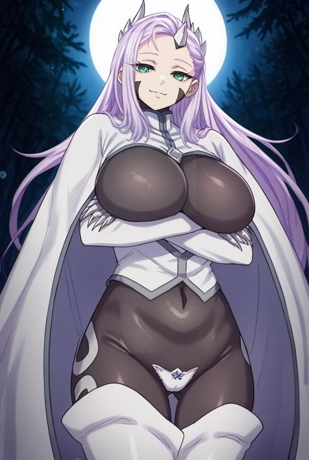 naonyuno,green eyes, purple hair, long hair, sidelocks, parted bangs, hair ornament, single horn, forehead mark,facial mark, black bodysuit, skin tight, covered navel, framed breasts, corset, high collar, white gloves, claws, white cape, thigh boots, white legwear, white panties, long sleeves, makeup