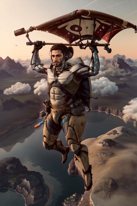 Highly detailed, High Quality, Masterpiece, beautiful, Paragliding, <lora:Paragliding:0.8>, 1girl, solo, arms up, flying, in the air, holding, holding with both hands, frontview, wide shot, full body, Jetstream Sam, facial hair, male focus, beard, cyborg, <lora:Char_MGR_JetstreamSam:0.7>