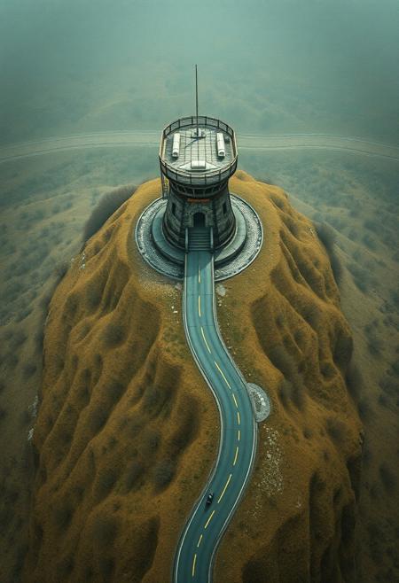 top down view realistic textures portra 400,  large map of a road weaving around a old watch tower, frank frazzeta ghibli and moebius inspired post-apocalyptic,  muted colors with stark contrasts