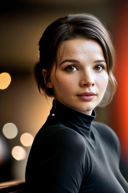 photo of extremely sexy (jbinoche:1.05), a woman as a sexy student, closeup portrait upsweep updo, (Pastel Red tight long sleeve turtleneck top), at a cantina sitting bar (masterpiece:1.5) (photorealistic:1.1) (bokeh) (best quality) (detailed skin texture pores hairs:1.1) (intricate) (8k) (HDR) (wallpaper) (cinematic lighting) (sharp focus), (eyeliner)