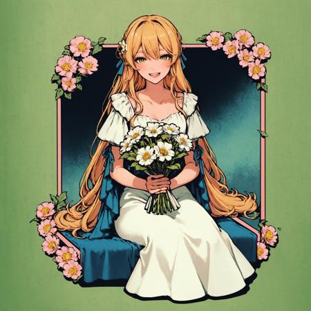 [(border:1.4), ::5]<lora:miniV71:1>hexagon,
1girl, solo, flower, blonde hair, smile, open mouth, hair ornament, looking at viewer, holding, dress, hair flower, sitting, white dress, blush, floral print, :d, wariza, blue flower, long hair, holding flower, bangs, colorful, multicolored eyes, red flower, short sleeves, yellow flower, pink flower, from above, frills, holding bouquet, flower field, purple flower, frilled dress, bouquet, yellow eyes, white flower, hair between eyes