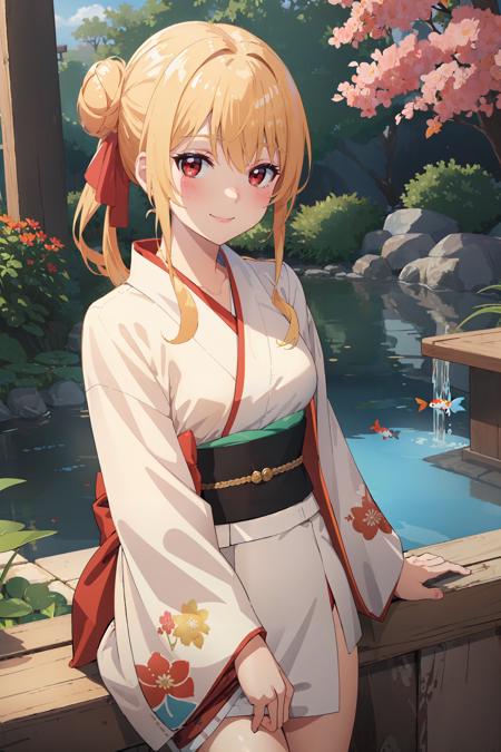 (masterpiece, best quality:1.4), looking at viewer, cowboy shot, smile, blush, yue, blonde hair, hair bun, red eyes, kimono, garden, pond, koi fish, <lora:yue_v1:0.5>