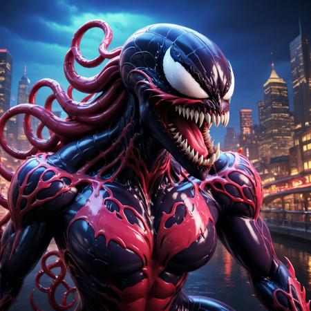 anime artwork <lora:She-Venom-FFuison-minset:1>  venom by adam sandler, carnage, venom, symbiote, venom symbiote, venomized, 3 d render character art 8 k, carnage fangs, painted in zbrush, hyper real render, dan mumford octane render, rendered in sfm, dan mumford 8 k octane render, hyper realistic fantasy monster, venom costume . anime style, key visual, vibrant, studio anime,  highly detailed