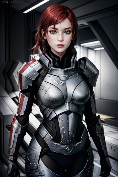 FemaleShepardME, 1girl, solo, red hair, green eyes, armor, lips, red hair, makeup, bodysuit, upper body
<lora:epi_noiseoffset2:1>,  <lora:FemaleShepardME:0.7>