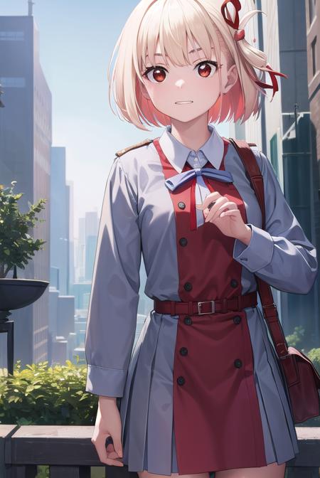 chisatonishikigi, <lyco:chisatonishikigi-lyco-nochekaiser:1>, 
nishikigi chisato, short hair, bangs, blonde hair, (red eyes:1.5), hair ribbon, one side up, bob cut, <lora:talkmouth_I_v100:1>,
BREAK shirt, long sleeves, dress, ribbon, white shirt, collared shirt, belt, neck ribbon, red dress, blue ribbon, pleated dress, grey dress, two-tone dress, red belt, lycoris uniform,
BREAK outdoors, city,
BREAK looking at viewer, (cowboy shot:1.5),
BREAK <lyco:GoodHands-beta2:1>, (masterpiece:1.2), best quality, high resolution, unity 8k wallpaper, (illustration:0.8), (beautiful detailed eyes:1.6), extremely detailed face, perfect lighting, extremely detailed CG, (perfect hands, perfect anatomy),