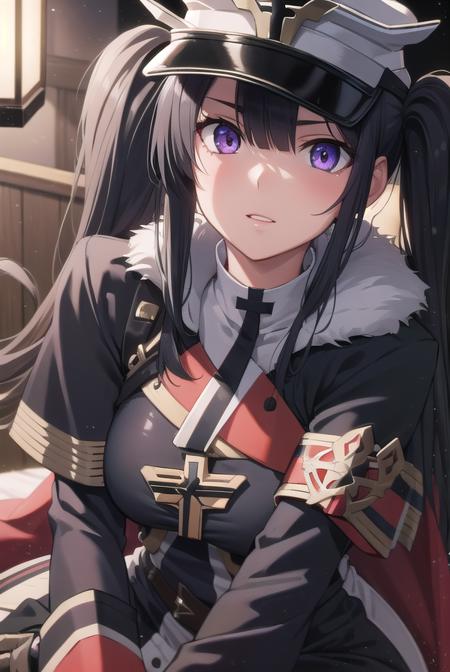 peterstrasser, <lyco:peterstrasser-lyco-nochekaiser:1>,
peter strasser, black hair, hair over one eye, long hair, one eye covered, (purple eyes:1.1), twintails,
BREAK armored boots, black coat, black footwear, black ribbon, boots, buttons, cape, coat, fur trim, fur-trimmed cape, gloves, hat, high heels, military hat, peaked cap, red cape, ribbon, stiletto heels, white gloves, white headwear,,
BREAK looking at viewer,
BREAK indoors,
BREAK <lyco:GoodHands-beta2:1>, (masterpiece:1.2), best quality, high resolution, unity 8k wallpaper, (illustration:0.8), (beautiful detailed eyes:1.6), extremely detailed face, perfect lighting, extremely detailed CG, (perfect hands, perfect anatomy),