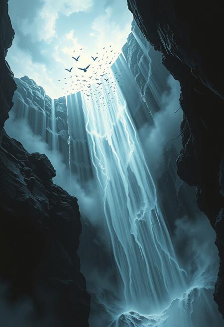 An enormous luminous waterfall cascading down into a void, while tiny birds fly upward, forming a hidden symbol in the mist—blending subtle illusions with grand, radiant scenery.
surreal nightmarish realism, intricate ink cross-hatching with hyper-detailed painting, cinematic dramatic lighting, eerie ghostly landscapes, psychologically intense figures, twisted dreamlike horror, deep chiaroscuro shadows, dark atmospheric storytelling