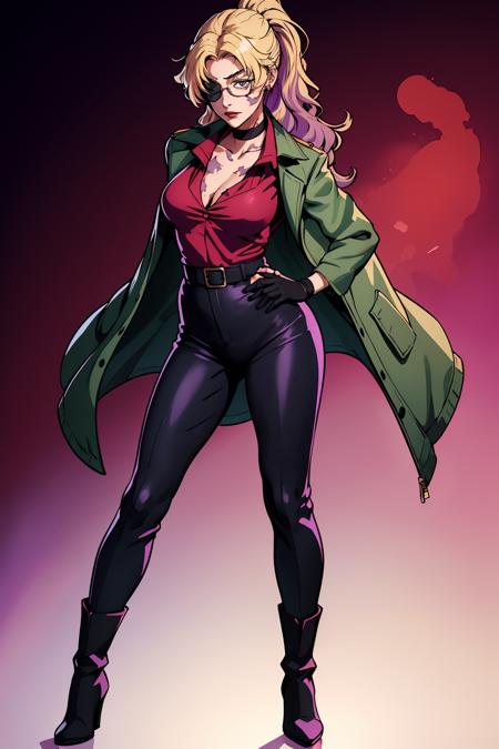 blonde and violet gradient hair long ponytail eyepatch glasses blue eyes black choker burn scars on face and chest red blouse green military jacket black dress pants stylish boots fingerless gloves