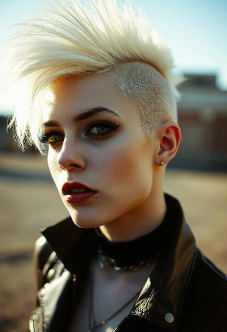 a 1980s  photo of a woman with a mohawk, by Shani Rhys James, tumblr, very very pale blond hair, iren horrors, shaved sides short top, eighties look, amy sol in the style of, gothic makeup, fluffy'', diesel punk female, clean shaved, edited