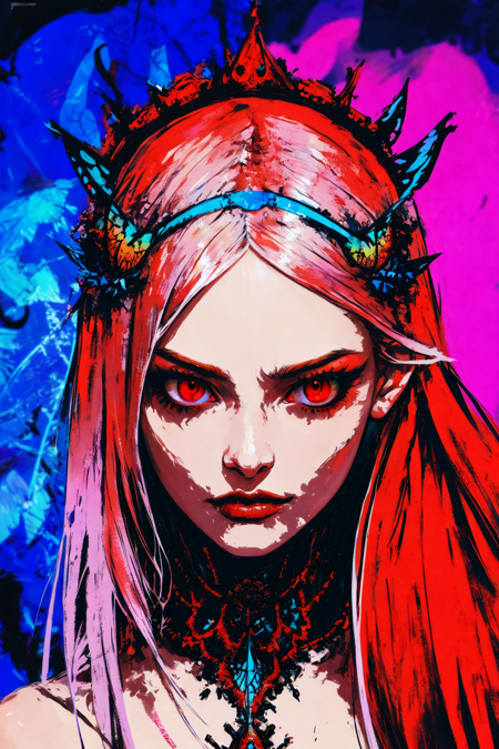 Ambilight, masterpiece, ultra-high quality,( ultra detailed original illustration), Perfil Portrait of a beautiful Girl, Upper body, Crown of Bones, ((Evil Fashion)), (Red Eyes:1.5, Double exposure, fussion of fluid abstract art, Glitch, 2D),(Gothic Oiginal illustration composition),( fusion of limited color, Fractal Geometric, butterflies, Comic art) <lora:Minijisn-03:1>  <lora:Moommst-01:0.5>