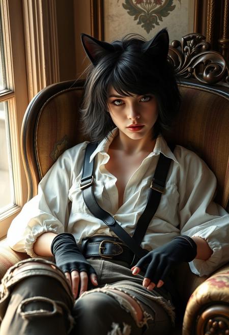 "A lifelike portrayal of a mysterious young woman with feline characteristics, her dark, unkempt hair framing her striking face and prominent black cat ears. She reclines in a vintage, ornate armchair upholstered with floral patterns, exuding a casual yet intense demeanor. Her outfit consists of a loose-fitting white shirt tucked beneath leather straps, paired with weathered, torn pants and fingerless gloves, each rendered with intricate textures. Subtle natural light from a window casts highlights and shadows across her face and clothing, adding depth and realism to the scene. The ambiance conveys a gritty yet elegant tone, blending mystery with rebellion."