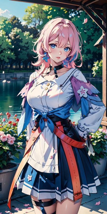 <lora:March_7th:0.75>, 1girl, March_7th(Honkai_StarRail), pink hair, medium hair, blue jacket, white shirt, huge breasts, thighs, (white thigh strap), skirt, upper body, standing, (cowboy shot),(masterpiece, high quality, best quality), (colorful),(delicate eyes and face), volumatic light, ray tracing, extremely detailed CG unity 8k wallpaper,solo, ((flying petal)), outdoors, park, lake, blue sky, flowers field,