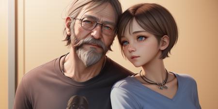 (1man  wearing black shirt brown eyes, old, long beard) . and
1girl wearing blue shirt, Sarah , blue eyes, short hair 
BREAK (hyperrealism:1.2), (8K UHD:1.2), (photorealistic:1.2)
<lora:sarah_e3_sd15-v002:0.7>