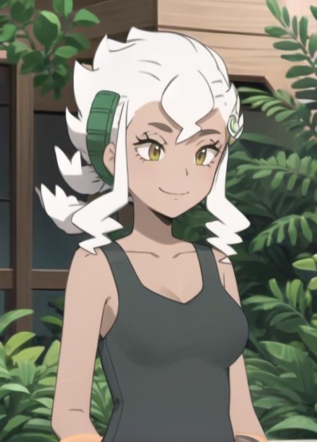 <lora:Burnet:0.7> Burnet, 1girl, solo, breasts, smile, shirt, hair ornament, closed mouth, collarbone, yellow eyes, upper body, sleeveless, sleeveless shirt, tank top, plant, grey shirt