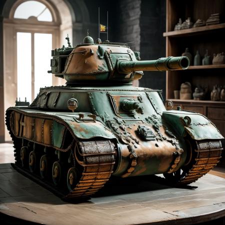 a (bronzecd) tank, toy model, (solo:1.2), <lora:bronzecd-000009:0.8>, no humans, high quality, masterpiece, realistic, photorealistic, (indoors, on table:1.2)