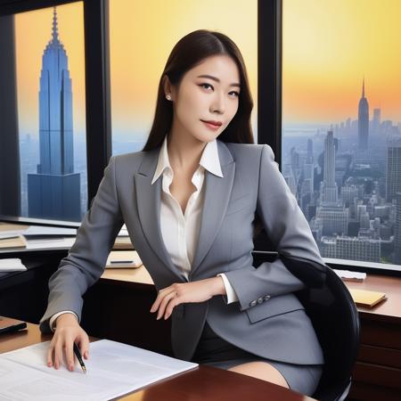 raw photo ,Create a sophisticated and powerful image of a high-ranking female executive in a multinational corporation. She's seated at her sleek, modern desk, one leg elegantly crossed over the other, a lit cigarette in hand. Her face reflects a mixture of determination and contemplation as she gazes at the computer screen, perhaps reviewing a critical business report or making a strategic decision. She's dressed in a tailored business suit, her accessories and surroundings reflecting her status and success. The office is tastefully decorated with art, awards, and a view of the city skyline through floor-to-ceiling windows. The lighting is soft but focused, highlighting her face and the smoke from the cigarette, adding to the ambiance of power and control,<lora:akibaba:0.65>