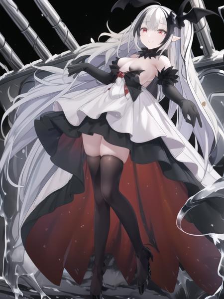 swf,(hyper extreme detailed),(masterpeace),(best quality),(hyper extreme),CG,1girl,indoors,<lora:Sevastopol:1>,Sevastopol,white hair, long hair, red eyes,side ponytail, white dress,black shirt, black long gloves, black long skirt, black thighhighs, high heels,