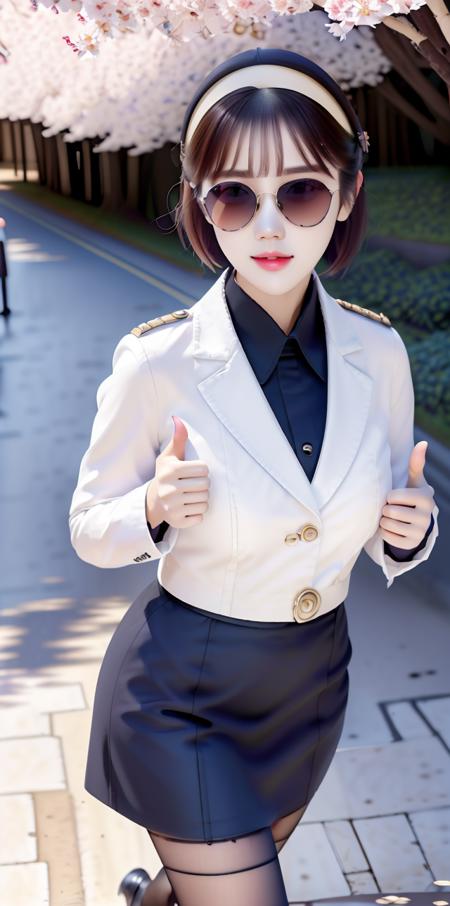 masterpiece,highres, highest quality,intricate detail,best texture,realistic,8k,soft light,perfect shadow,
sunny,modern city,crowding street,stores,shopping,falling cherry blossoms,
from everywhere,dajie<lora:Threesister-dajie:1>,mature female,Beret,short hair,white coat,leather skirt,tights,high boots,gold necklace,famous watch, cigar,sunglasses,thumb up,rifle,walking,