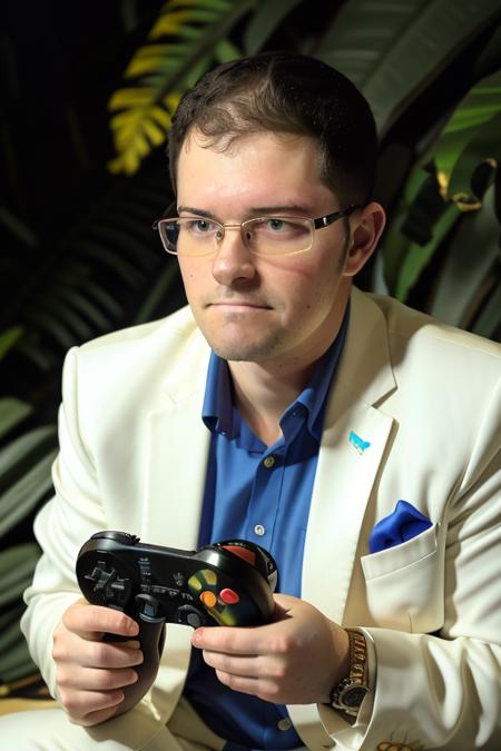 raw photo of a young adult man, extreme close up, perfect face, glasses, in a stunning white suit, holding a nintendo console, nintendo controller, in a jungle paradise, 8k uhd, fujifilm xt3