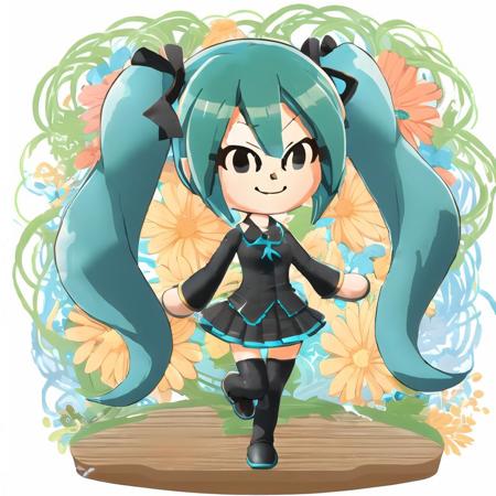 <lora:v1.5-Mii_Style-1.1-512-f16-no_ema:1> (Nintendo mii:1.3), modern_mii, smile, (hatsune miku:1), 1girl, twintails