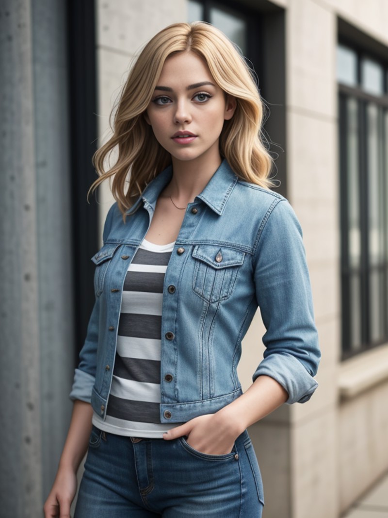 [Olivia Taylor Dudley|Adrianne Palicki], denim jacket, striped shirt, and white sneakers