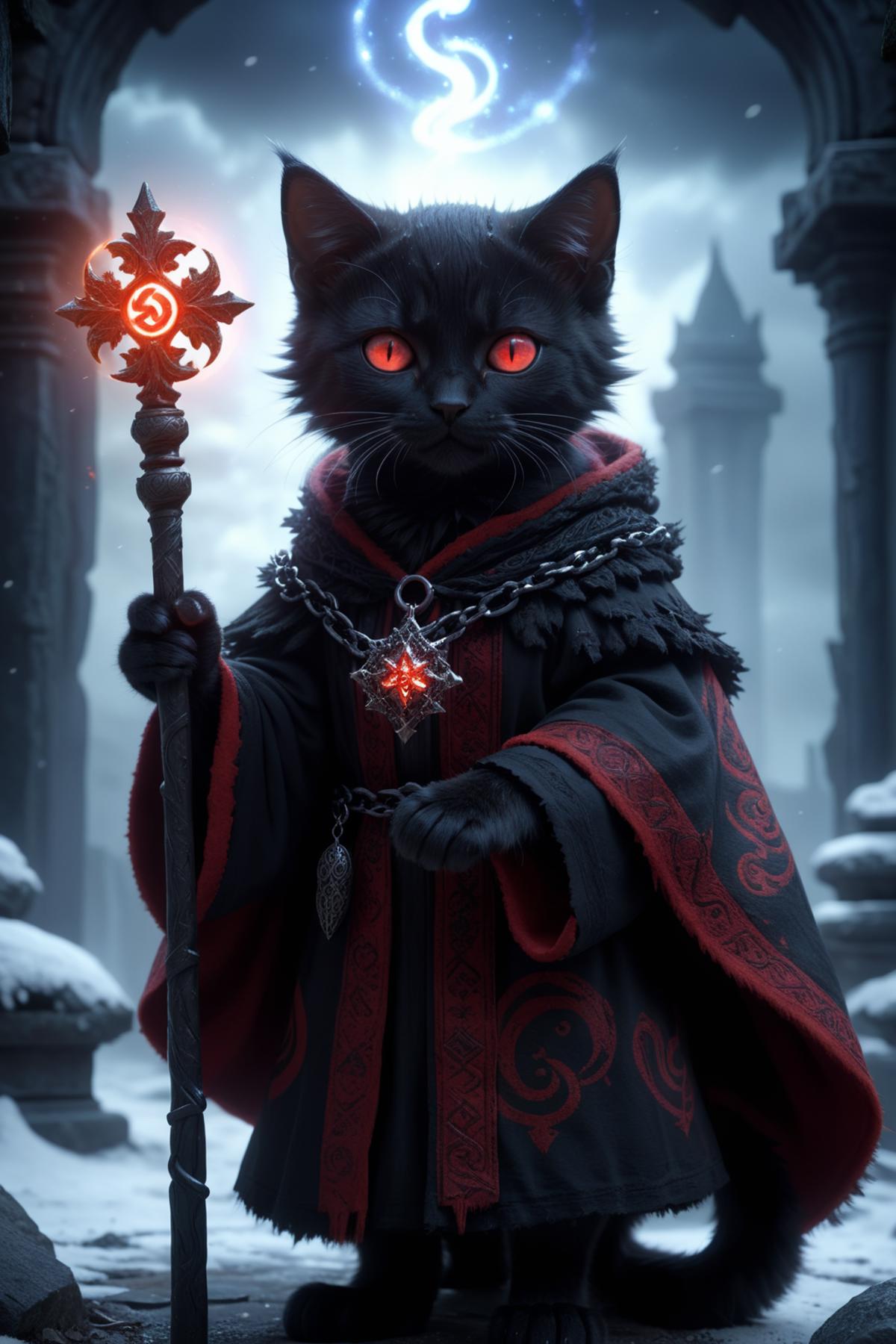 A black cat dressed as a wizard holding a wand in a snowy setting.