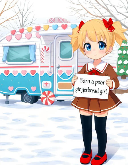 The outdoors winter scene is a crisp highly detailed render of a whimsical trailer camper with a blue bottom decorated with frosting and gumdrops and hearts.

Prominently featured close in the foreground on the right is a pretty somewhat chibi tsundere anime girl with blonde twintails hair and large expressive blue eyes, She's wearing, a pretty Gingerbread Dress School Uniform, and black zettai ryouki thighhighs, her brown dress has a white frosting border on the hem. She is holding a sign that says, "Born a poor gingerbread girl"