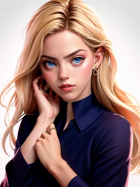 Realistic photo of a beautiful r3n33r woman, 1girl,solo,long hair,looking at viewer,blue eyes,blonde hair,simple background,long sleeves,white background,jewelry,lips,ring,hand on own face,head rest,realistic, soft lighting, professional Photography, Photorealistic, detailed, RAW, analog, sharp focus, 8k, HD, high quality, masterpiece<lora:r3n33r:1.0>